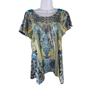 Energe Top Womens Small Blue Green Boho Floral Crochet Beaded Studs Y2K 90s